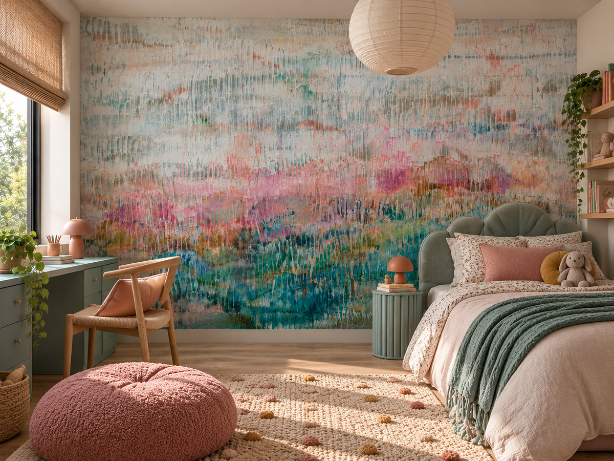 When Love Comes Calling mural wallpaper by Natalie Uhrik in a colourful bedroom
