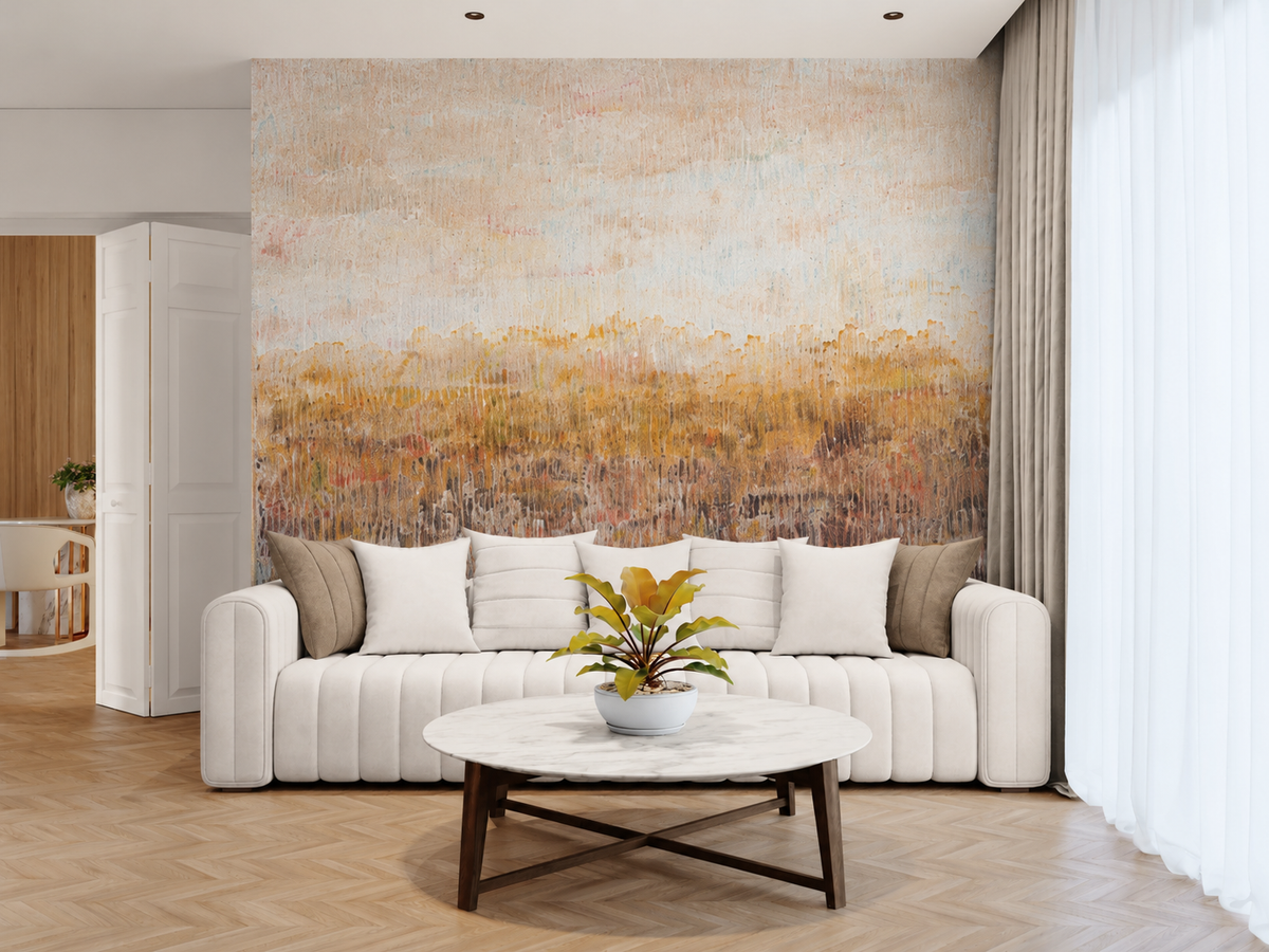 The Day Remains abstract art wallpaper by Natalie Uhrik in a contemporary living room
