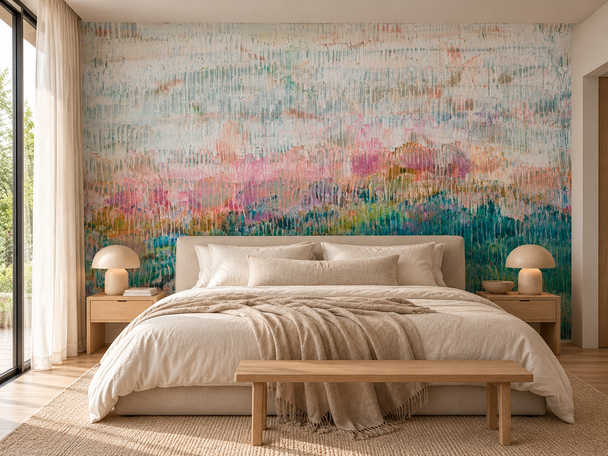 When Love Comes Calling abstract art wallpaper by Natalie Uhrik in a bedroom