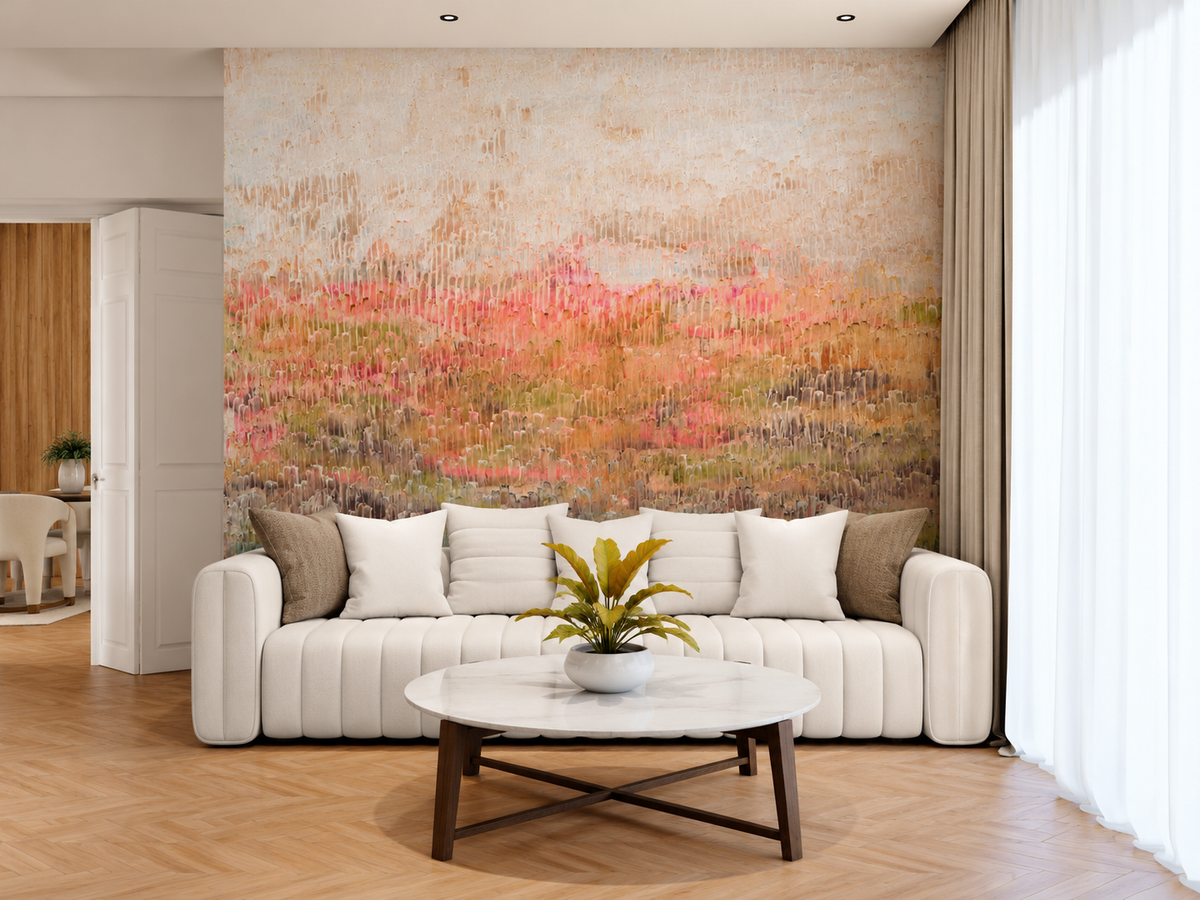 Warms My Soul abstract art wallpaper by Natalie Uhrik in a modern living room