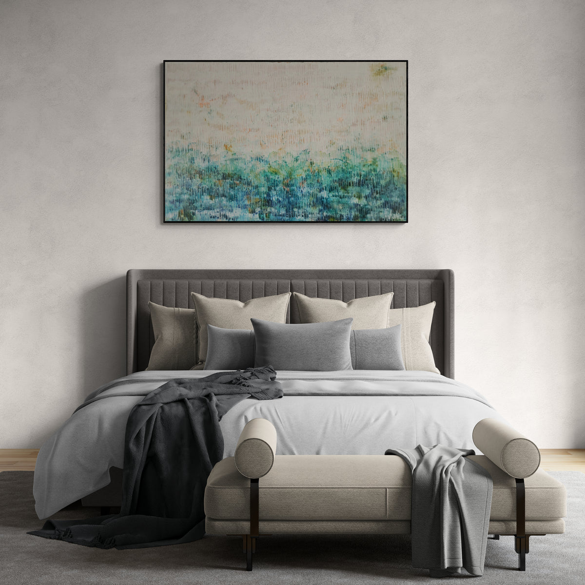 Light Up original abstract painting by Natalie Uhrik shown in a bedroom interior